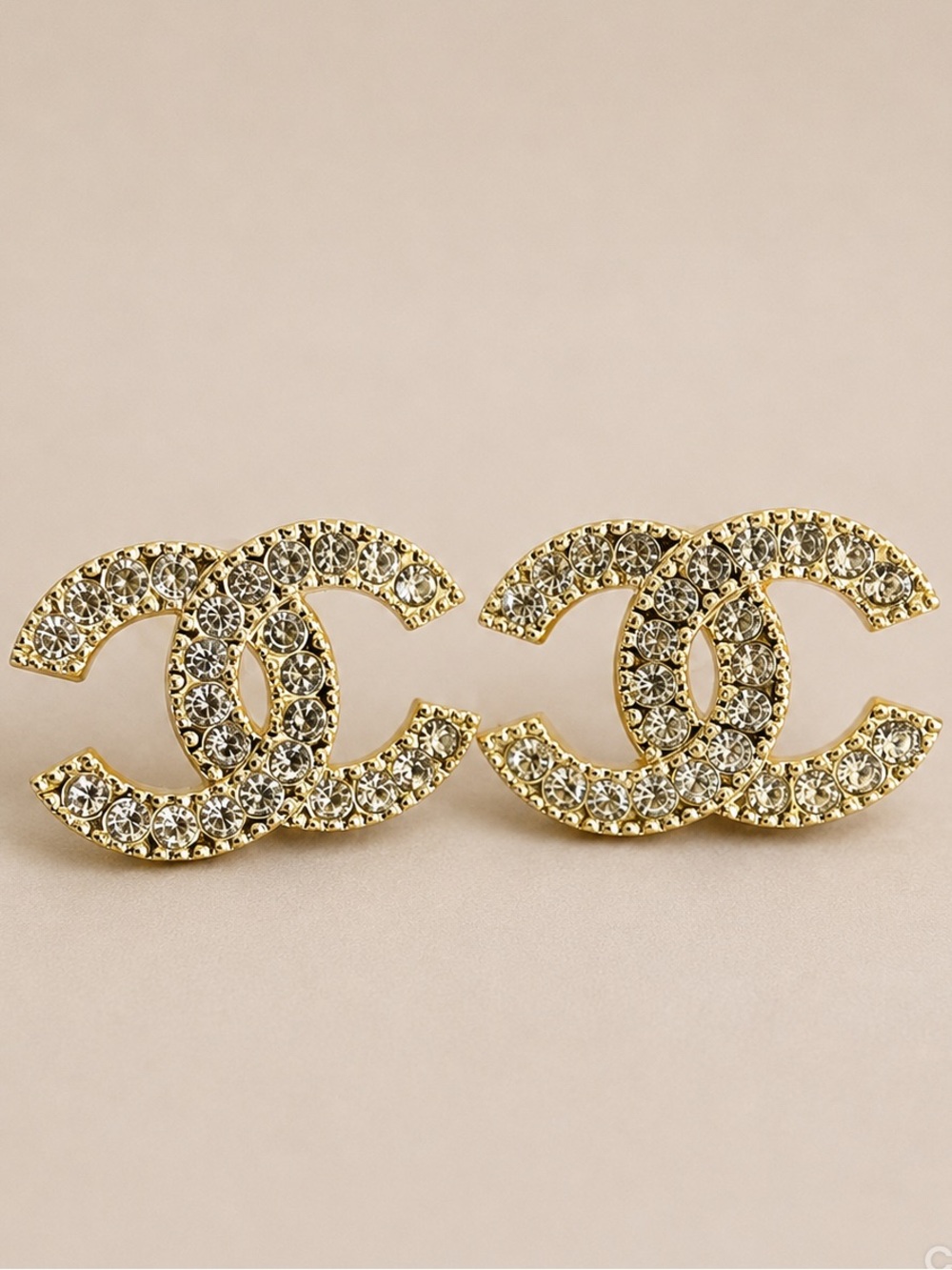 Gold Crystal Interlocking CC-Style Stud Earrings